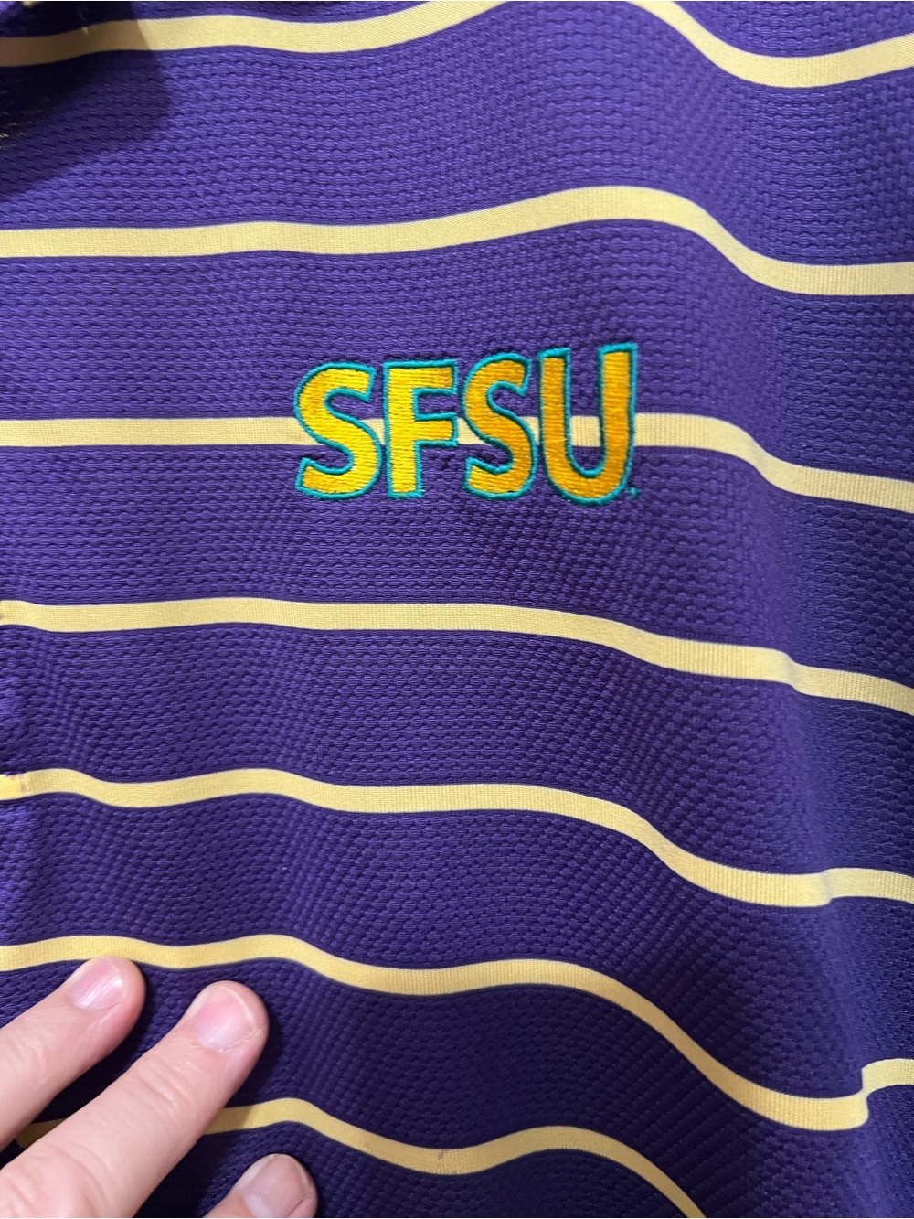 SFSU San Francisco State University Purple Polo with Gold Stripes